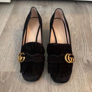 Gucci Marmont GG Logo Black Suede Kiltie Fringe Block Heel Loafer Pumps 38